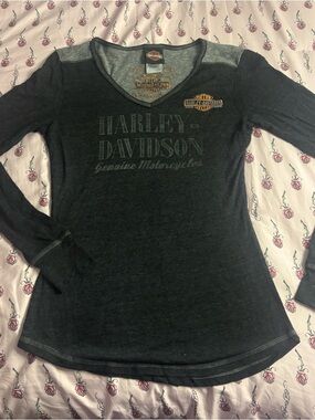 Harley-Davidson Black Women's V-Neck Long Sleeve Shirt with Orange Patch